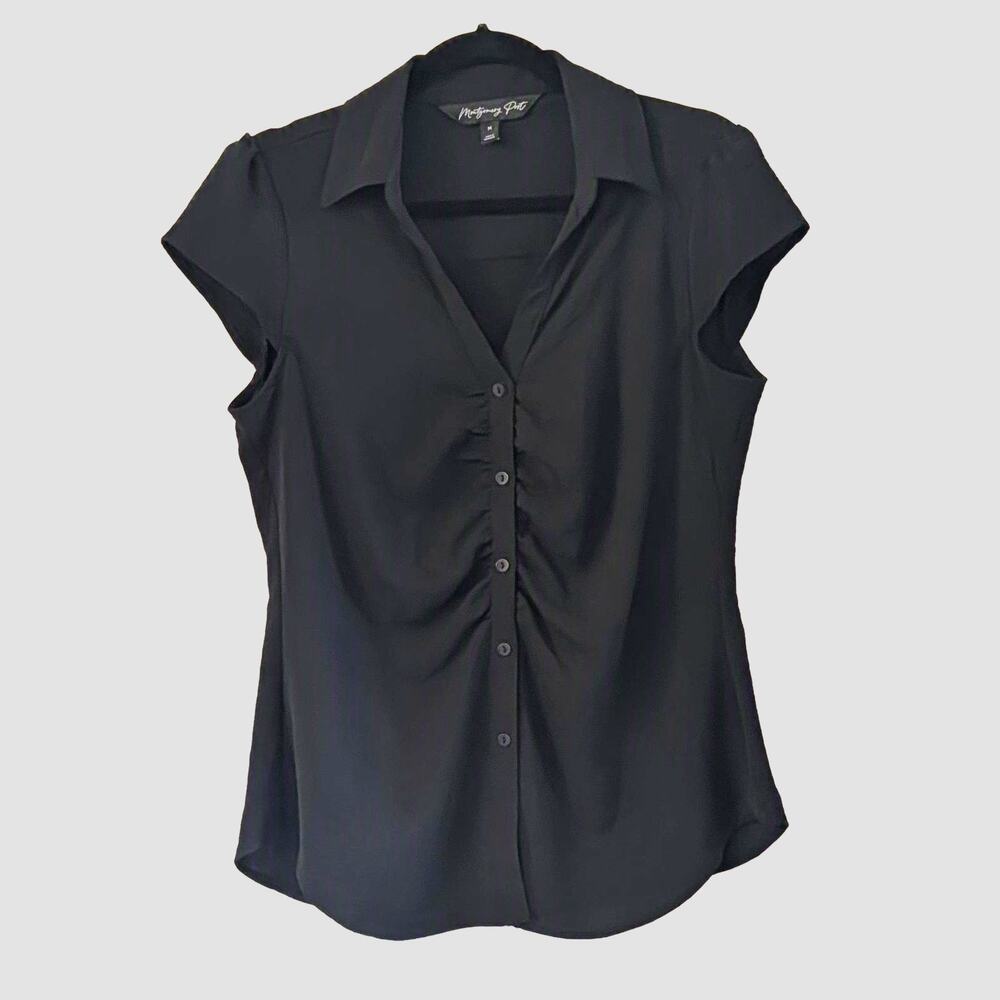 Montgomery Post Black Ruched Button Front Blouse M Career Minimalist Classic